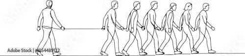 Continuous line drawing of a business leader guiding a diverse team of followers, symbolizing leadership, collaboration, and a unified path forward in a minimalist art style