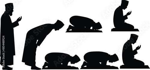 Islamic prayer sequence silhouettes showing Salah postures including standing, bowing, prostrating, and sitting for religious vector content.