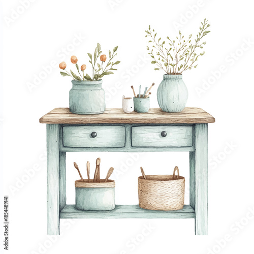 Watercolor Console Table Still Life with Vases and Baskets.