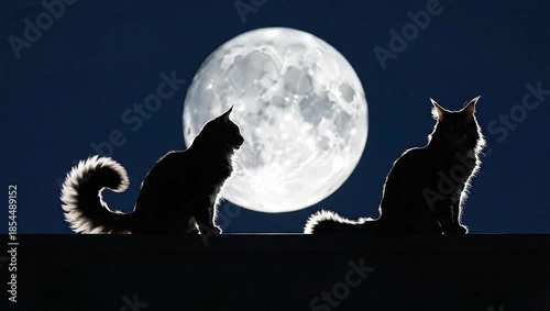 Two cats silhouetted sitting on a ledge against a bright full moon in the dark night sky for a magical mystery concept and nocturnal solitude