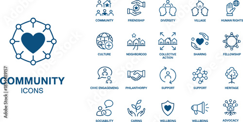 PrintCommunity icons illustration set, friendship diversity neighborhood vector graphic, social engagement design outline icon, collective caring sketch art, civic support pattern