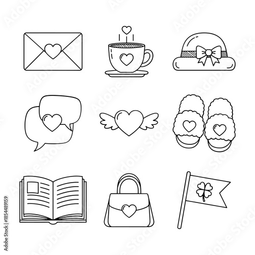 Cute romantic line icon set with heart theme and lifestyle elements