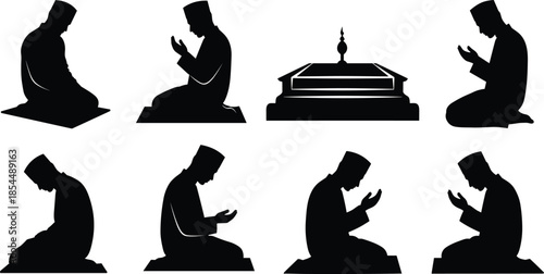Islamic prayer silhouettes showing men in devotional postures and shrine icon, perfect for religious vector art and spiritual content.