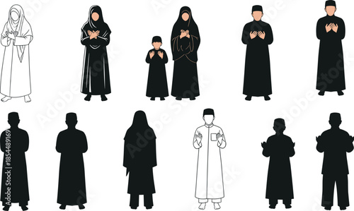 Islamic prayer poses featuring diverse men, women, and children in traditional attire, ideal for religious vector content and cultural themes.