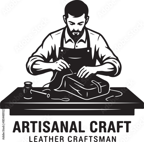 Artisanal Leather Craftsman Hand Stitching a Custom Leather Bag, Black and White Vector Illustration of Handmade Leather Goods and Craft