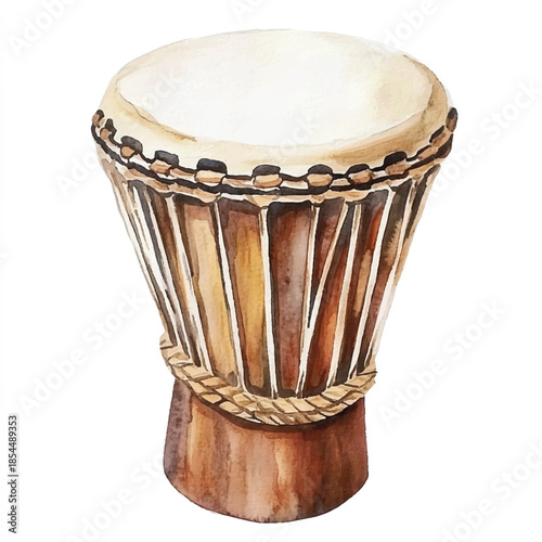 Watercolor Djembe Drum Illustration with Detailed Wood Grain and Rope Tuning.