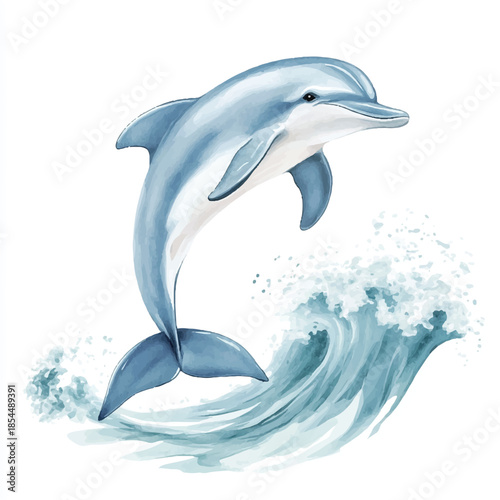 Watercolor Dolphin Leaping from Ocean Wave Illustration.