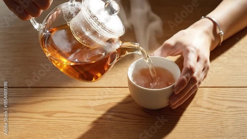Woman's hands pouring hot steaming tea from a glass teapot into a white cup on a wooden table for a comforting wellness concept and cozy morning ritual