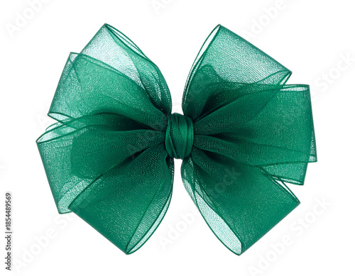 A close-up of a vibrant emerald green sheer ribbon bow against a black backdrop