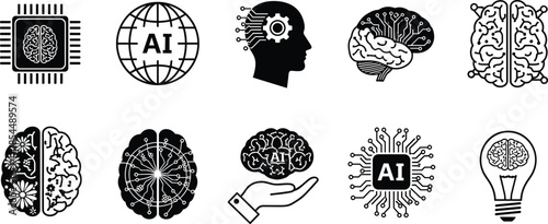 PrintSet of black and white artificial intelligence icons featuring digital brain designs, neural networks, machine learning circuits, and technology symbols.