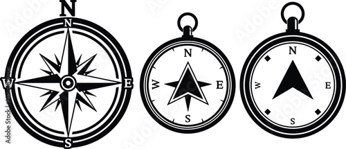 PrintSet of vintage nautical compass icons, vector black and white wind rose symbols for navigation, travel, adventure, and marine maps.