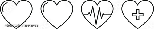 PrintVector line heart icons set with medical cross and pulse heartbeat line for cardiology healthcare wellness and medicine clinical symbols