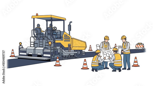 Road Construction Team with Asphalt Paver Machine: Engineers and Workers Reviewing Blueprints for Infrastructure Development