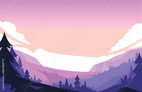 Minimalist Purple Mountain Landscape with Pine Trees at Sunset or Sunrise, Flat Design Vector Scenery