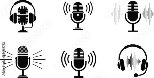 PrintVector podcast icon set featuring vintage microphones with headphones and sound waves for radio broadcasting recording studio and audio streaming symbols