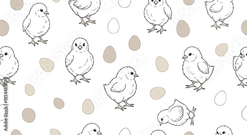 Seamless black and white pattern featuring hand-drawn baby chicks and eggs, creating a charming and simple background for Easter or farm themes.
