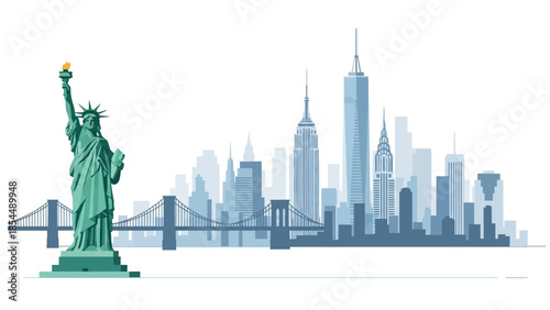 New York City Skyline Vector Illustration with Statue of Liberty and Iconic Landmarks - Modern Flat Design Travel & Tourism Concept