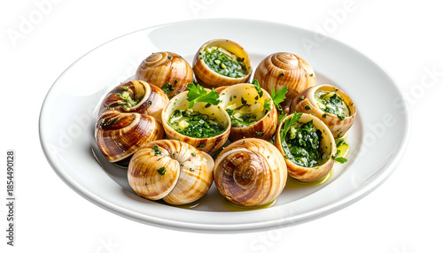 A plate of escargots in shells, filled with garlic butter and parsley