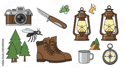 Collection of cartoon-style camping and hiking essentials including a vintage camera, hiking boots, lantern, knife, and a compass.