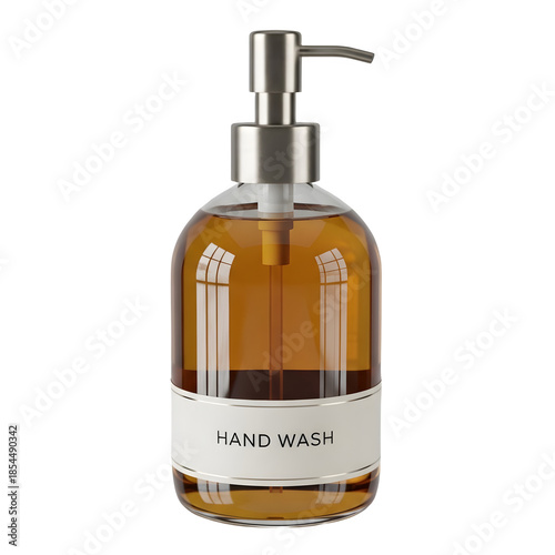 Amber glass dispenser bottle for liquid hand wash with a metal pump, high-res PNG with alpha channel and background removal for product mockups.
