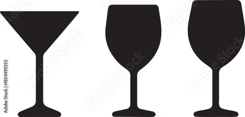 Stemware Icon Set Silhouettes Martini Glass Rounded Wine Glass and Tall Narrow Wine Glass Vector Illustration