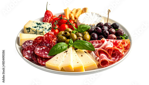 A diverse platter with cheese, cured meats, olives, tomatoes, and crackers