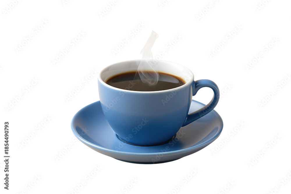 Obraz premium Steaming Cup of Black Coffee in Blue Cup and Saucer