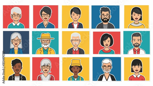 Diverse Group of People Avatars in Colorful Square Frames.