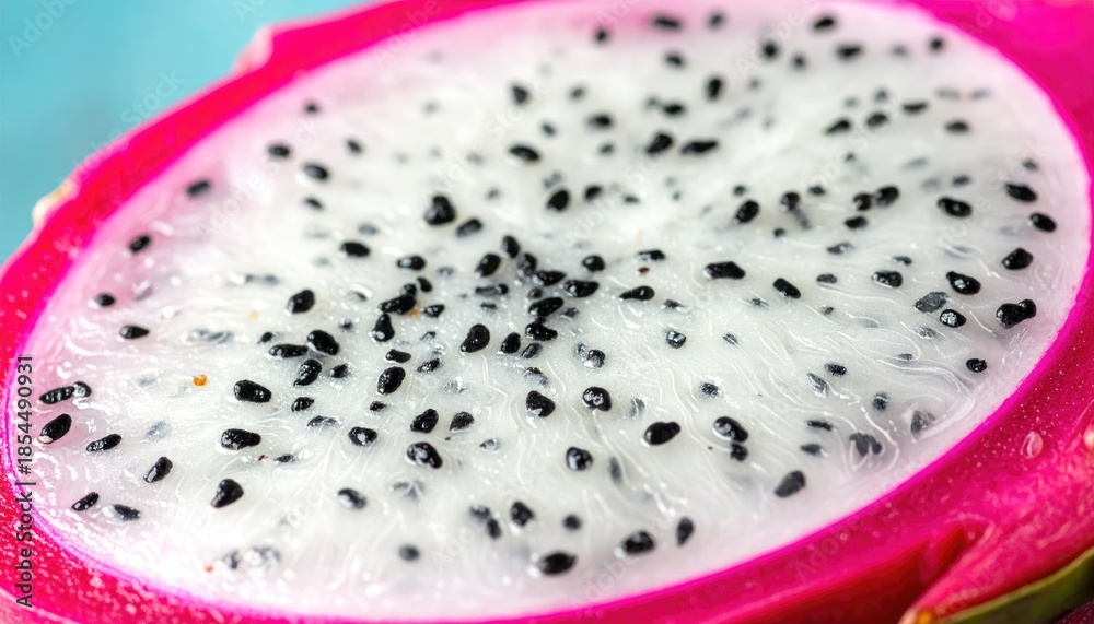 Obraz premium Close-up of a halved exotic fruit, showing vibrant pink skin and speckled white flesh