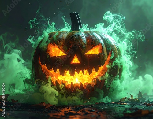 Grinning jack-o'-lantern with glowing eyes and ominous green smoke