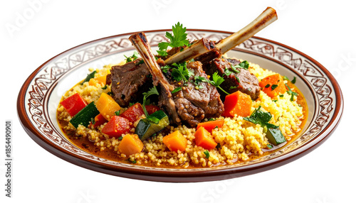 Grilled lamb chops atop couscous with colorful vegetables, served on a patterned plate