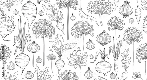 Seamless black and white pattern of hand-drawn root vegetables like beets and onions, creating a rustic background for a farmer's market.