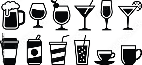 Black beverage icons set, drink glass silhouettes collection, alcohol cocktail coffee soda juice beer symbols, minimal flat design, bar cafe menu graphics