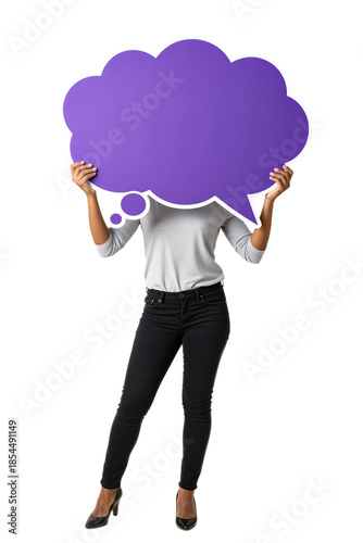 Woman holding a large purple thought bubble