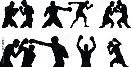 Boxing silhouettes collection of fighters punching sparring training combat poses isolated black sports action set martial arts strength power fitness competition knockout defense attack