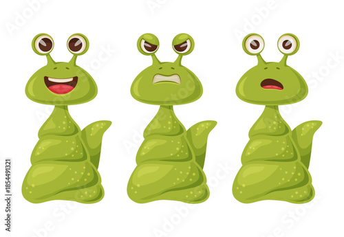 three green monsters showing expressions with different emotions, slug