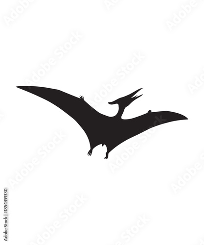 A black silhouette illustration of a flying pterodactyl dinosaur icon
