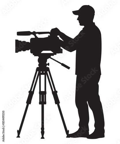 A silhouette illustration showing a professional camera operator filming with equipment on a white background.
