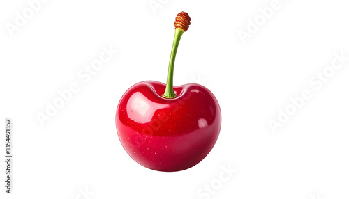 A single, shiny, bright red cherry with a green stem against a stark black background