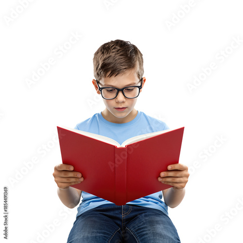 Young boy wearing glasses reading a red book