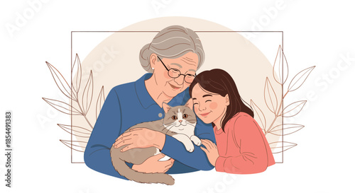 Heartwarming illustration of a loving grandmother and her granddaughter sharing a tender moment while holding a cute cat together.