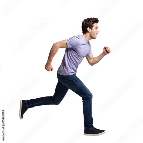 Young man running in jeans and sneakers