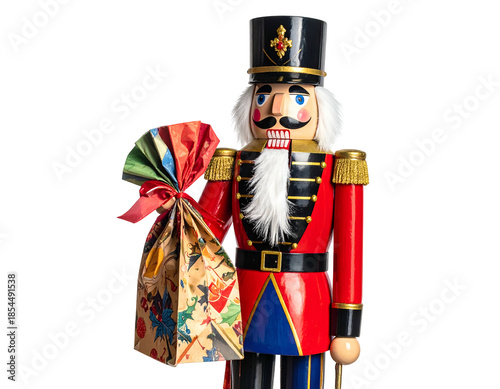 Wooden soldier in festive attire holding a decorated gift bag against a black backdrop