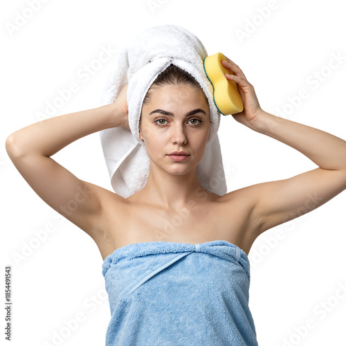 Young woman in towels holding a yellow sponge