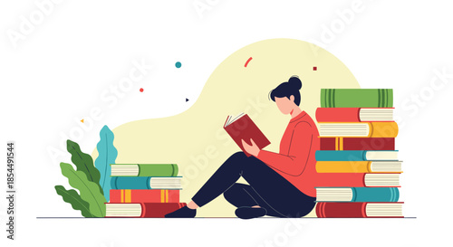 A young woman sits on the floor, leaning against a large stack of books while deeply engrossed in reading, surrounded by more books.