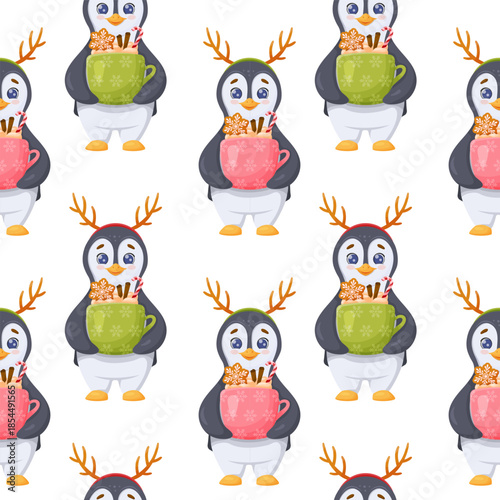 winter seamless pattern with funny penguins and hot chocolate.