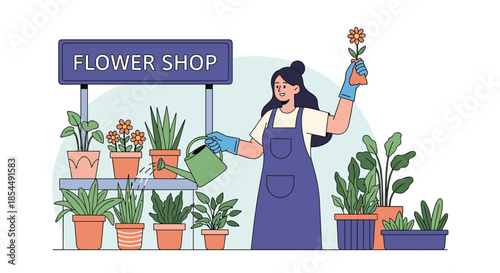 A friendly female florist in an apron waters potted plants at her flower shop stand, holding up a blooming flower for sale.