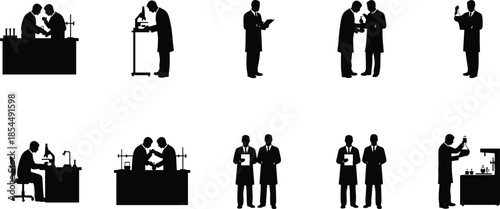 Business laboratory silhouettes, scientific research teamwork, corporate professionals experimenting, innovation workflow, collaboration scenes, technology analysis, industrial lab environment, 