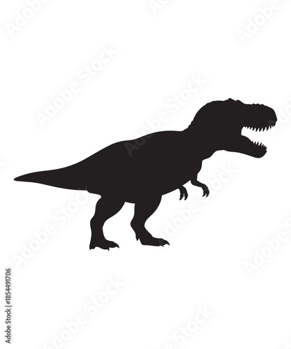 A striking black silhouette illustration of a prehistoric tyrannosaurus rex roaring