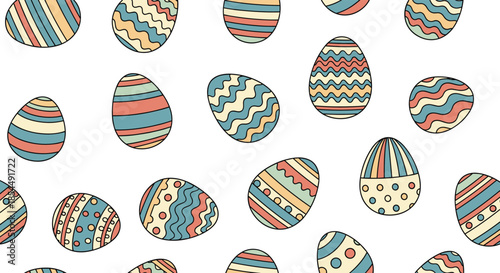 A cheerful seamless pattern of colorful decorated Easter eggs in pastel shades of blue, red, and yellow on a white background.
